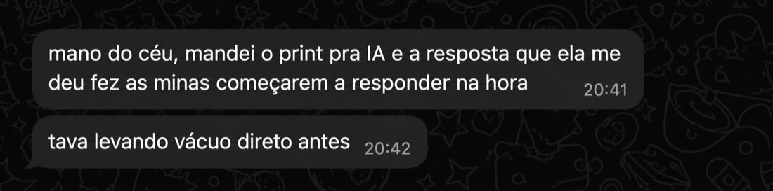 mano do céu, mandei o print pra IA e a resposta que ela me deu fez as minas começarem a responder na hora. Tava levando vácuo direto antes